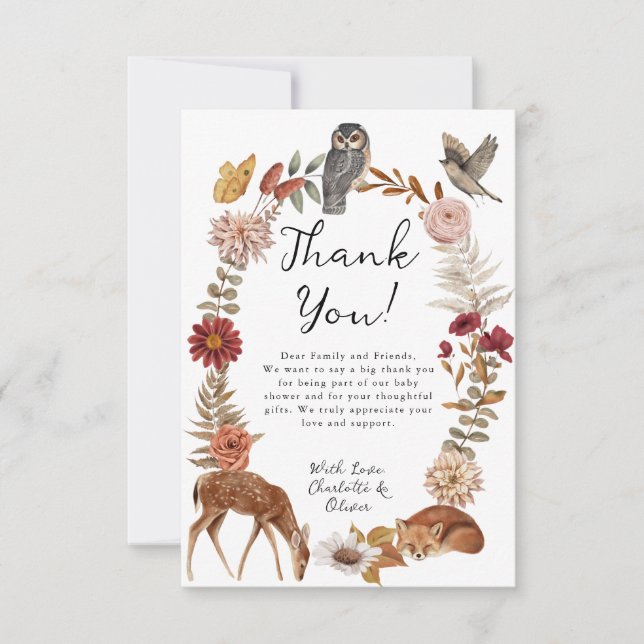 Woodland Forest Animals Neutral Baby Shower Thank You Card (Front)