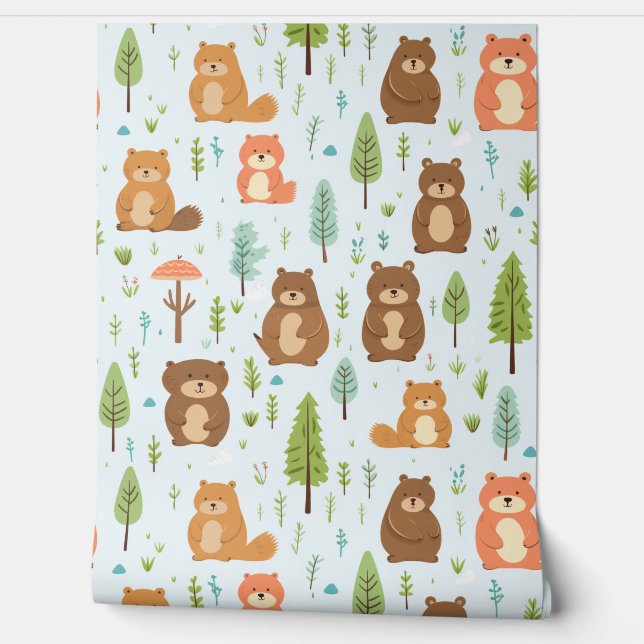 Woodland Forest Animals Pattern Baby Nursery Room  Wallpaper (Unrolling)