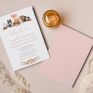 Woodland Forest Animals Pink Floral Baby Shower Invitation