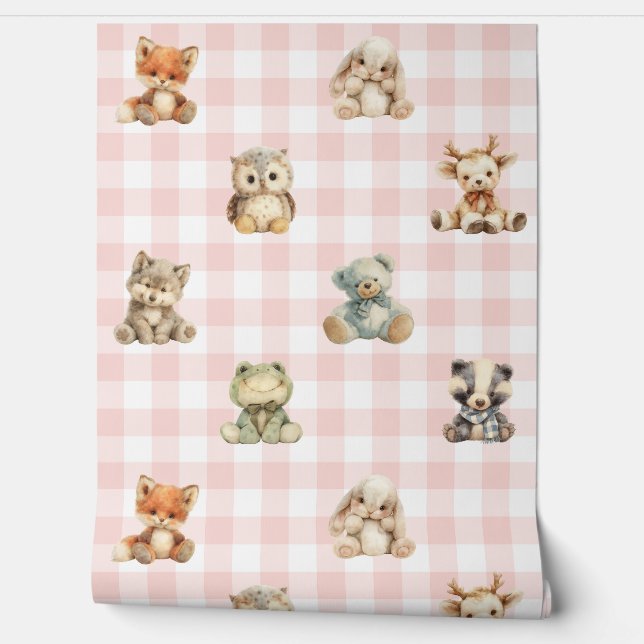 Woodland Forest Animals Pink Plaid Baby Girl Wallpaper (Unrolling)