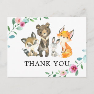 Woodland Forest Animals Pink Thank You Postcard