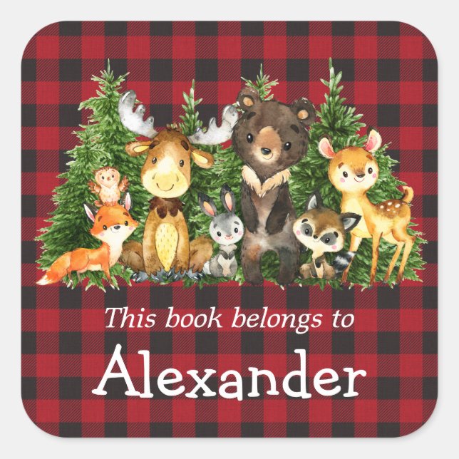 Woodland Forest Animals Plaid Bookplate Label (Front)