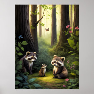 Woodland Forest Animals Racoon Family AI Art  Poster