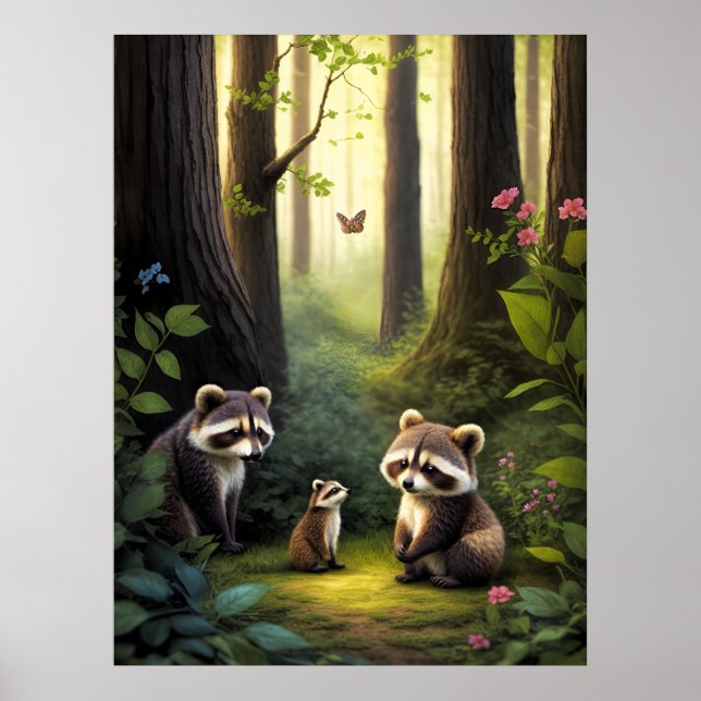 Woodland Forest Animals Racoon Family AI Art  Poster (Front)