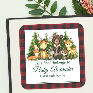 Woodland Forest Animals Shower Plaid Book Labels