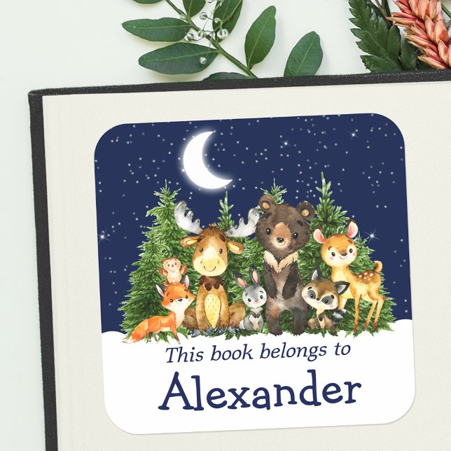 Woodland Forest Animals Trees Sky Bookplate Label (Customize to change text size, color or text style.)