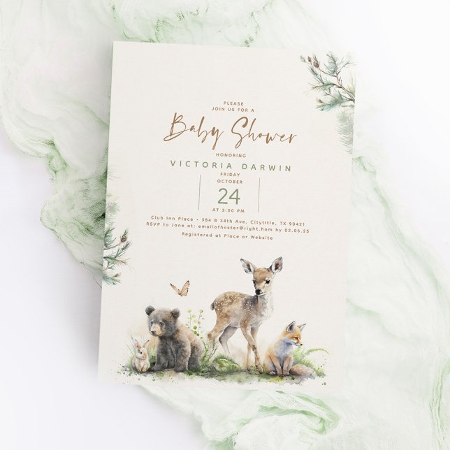 Woodland Forest Animals Unique Baby Shower Invitation (Woodland Animals Cute Baby Shower Invitations)
