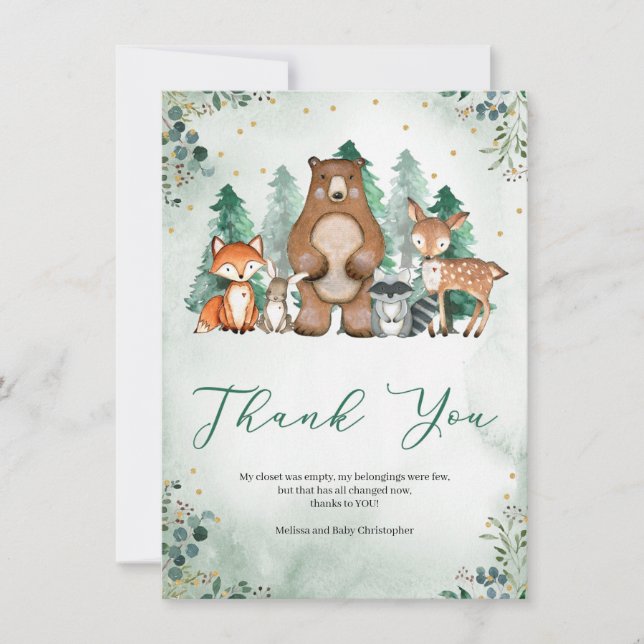 Woodland forest animals winter Baby Shower Thank You Card (Front)