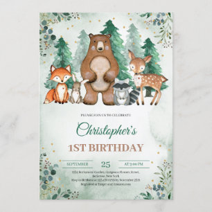 Woodland forest animals winter greenery boy invitation