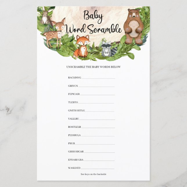 Woodland forest animals wood Baby Word Scramble (Front)