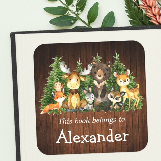 Woodland Forest Animals Wood Print Bookplate Label (Customize to change text size or text style.)