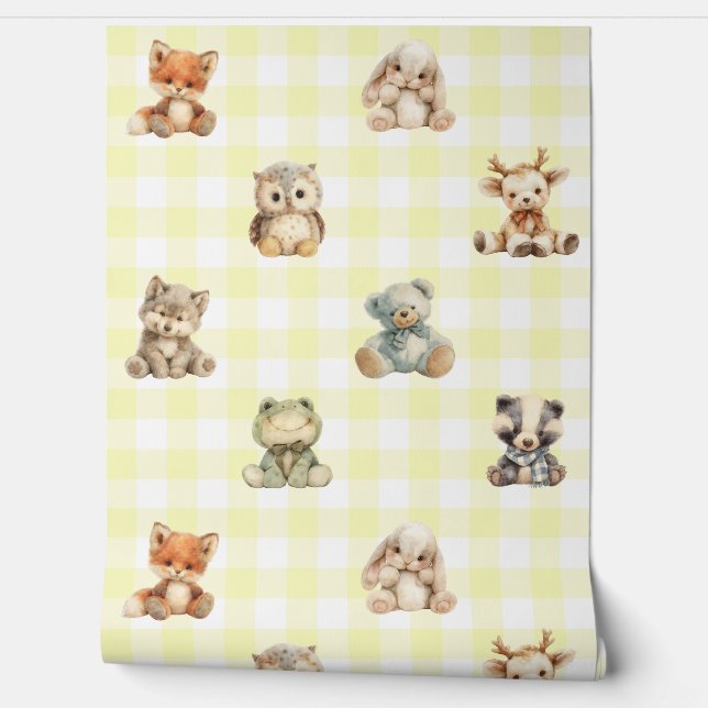Woodland Forest Animals Yellow Plaid Baby Nursery Wallpaper (Unrolling)