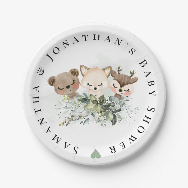 Woodland Forest Baby Animals Baby Shower Paper Plate (Front)