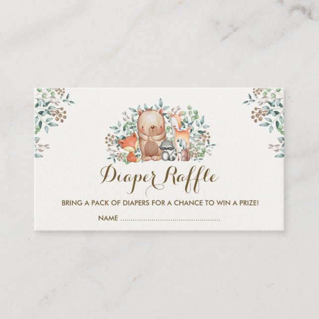 Woodland Forest Baby Animals Diaper Raffle Ticket Enclosure Card (Front)