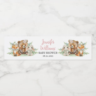Woodland forest baby animals girl baby shower water bottle label