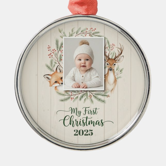 Woodland Forest Baby’s First Christmas Ornament  (Front)