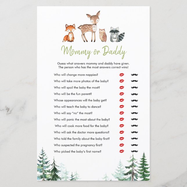 Woodland Forest Baby Shower Mummy or Daddy Game (Front)
