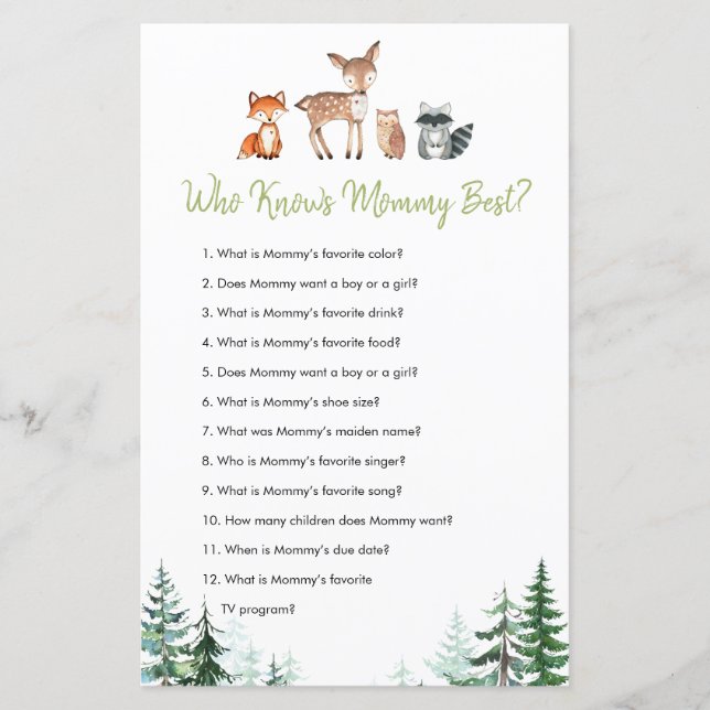 Woodland Forest Baby Shower Who Knows Mummy Best (Front)