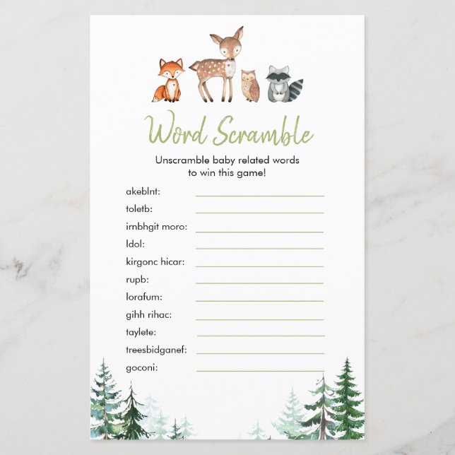 Woodland Forest Baby Shower Word Scramble Game (Front)