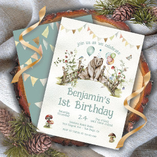Woodland Forest Bear 1st Birthday Invitation