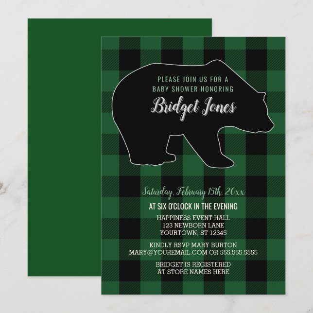 Woodland Forest Bear Lumberjack Plaid Baby Shower Invitation (Front/Back)
