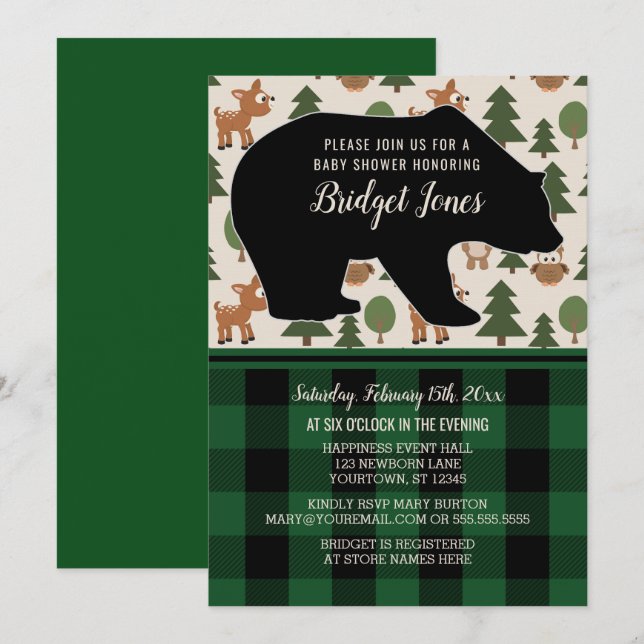 Woodland Forest Bear Lumberjack Plaid Baby Shower Invitation (Front/Back)
