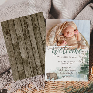 Woodland Forest Bear Photo Birth Announcement