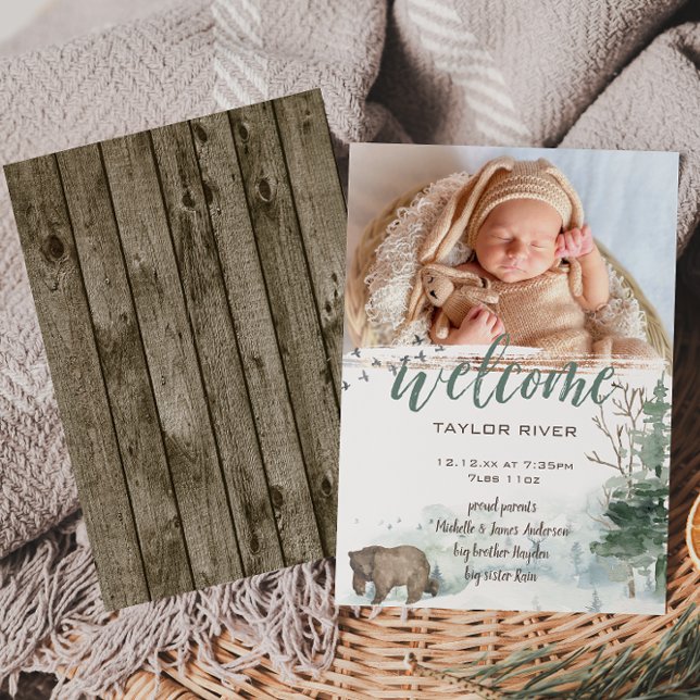 Woodland Forest Bear Photo Birth Announcement (Creator Uploaded)