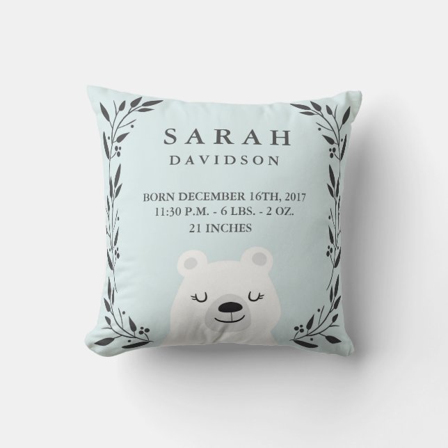Woodland Forest Birth Stats- Bear Nursery Pillow (Front)