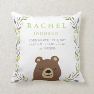 Woodland Forest Birth Stats - Bear Nursery Pillow