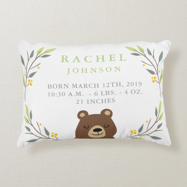 Woodland Forest Birth Stats - Bear Nursery Pillow (Front)