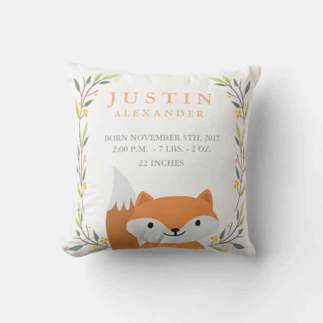 Woodland Forest Birth Stats- Fox Nursery Pillow (Front)