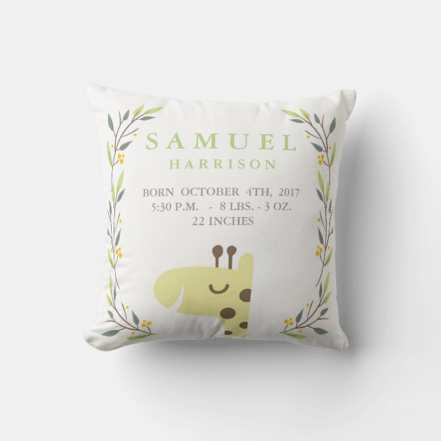 Woodland Forest Birth Stats-Giraffe Nursery Pillow (Front)