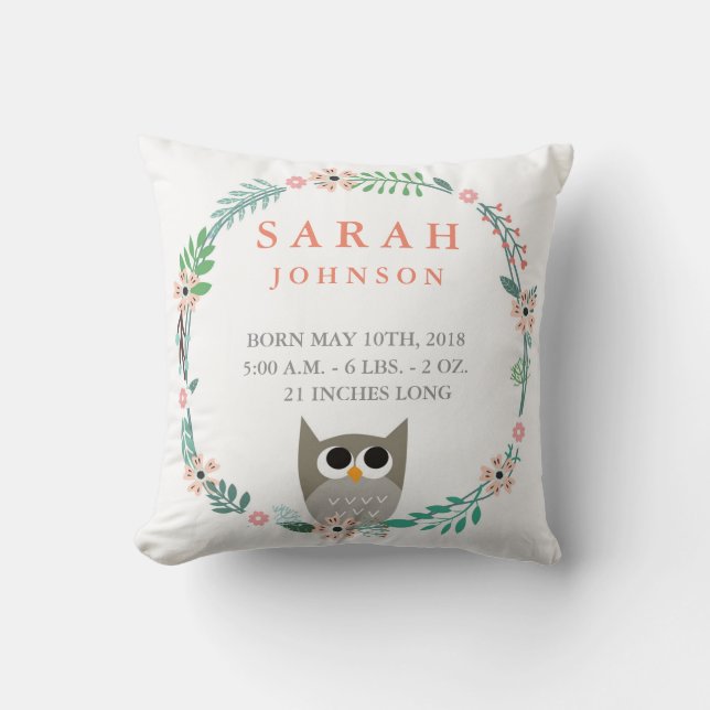 Woodland Forest Birth Stats Owl Nursery Pillow (Front)