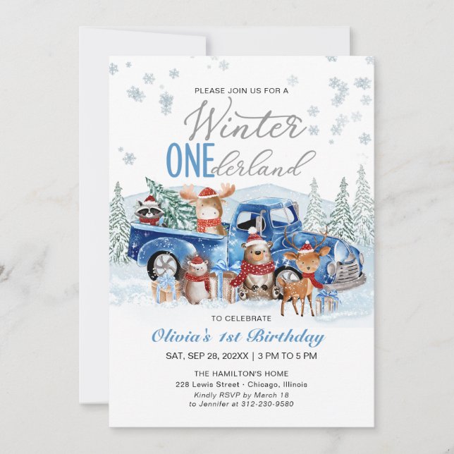 Woodland Forest Blue Truck ONEderland 1st Birthday Invitation (Front)