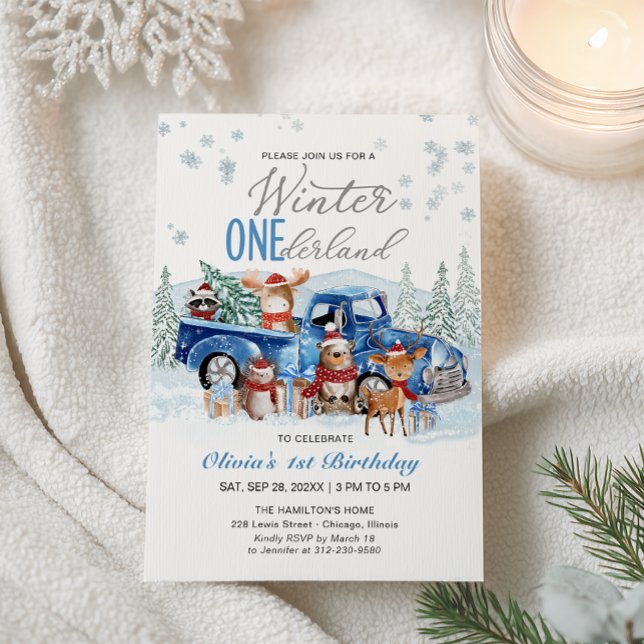 Woodland Forest Blue Truck ONEderland 1st Birthday Invitation (Creator Uploaded)