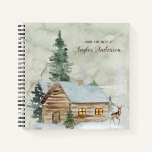 Woodland Forest Cabin with Deer Personalised Notebook