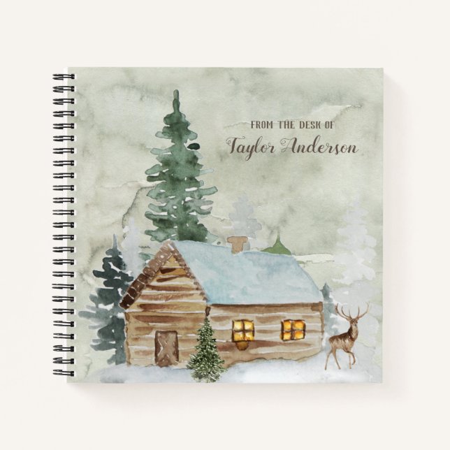 Woodland Forest Cabin with Deer Personalised Notebook (Front)