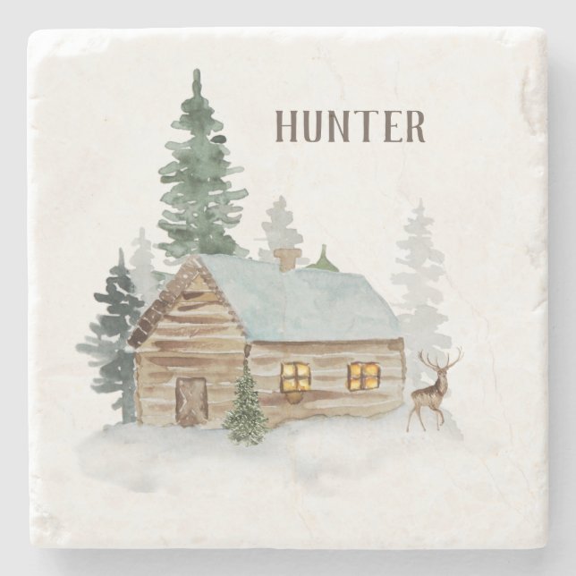 Woodland Forest Cabin with Deer Personalised  Stone Coaster (Front)