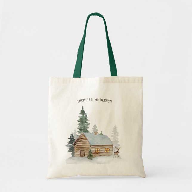 Woodland Forest Cabin with Deer Personalised Tote Bag (Front)