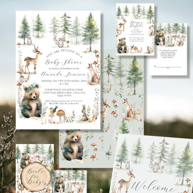 Woodland Forest Cute Animals Bear Deer Baby Shower Invitation (Creator Uploaded)