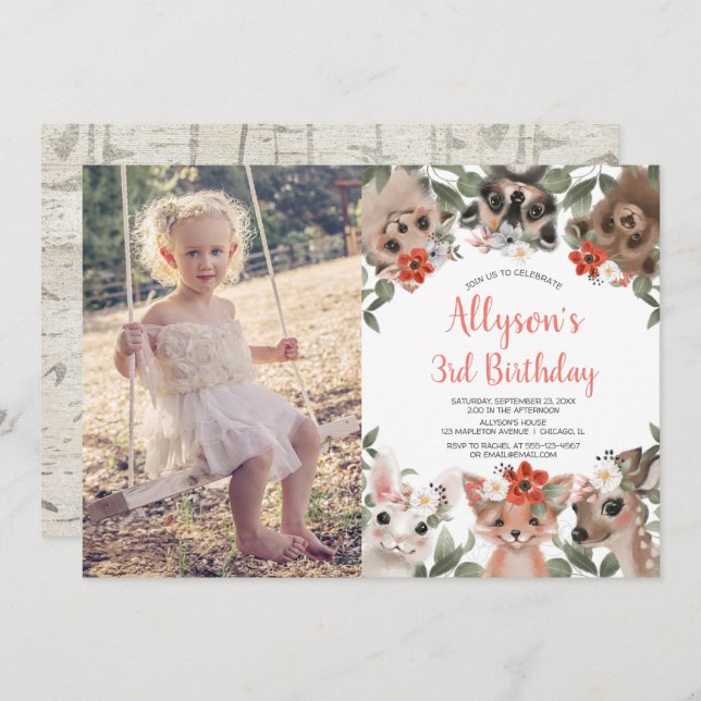 Woodland forest cute animals girls birthday photo invitation (Front/Back)