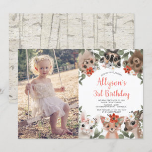 Woodland forest cute animals girls birthday photo invitation