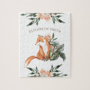 Woodland Forest Cute Floral Fox Kids Name Jigsaw Puzzle