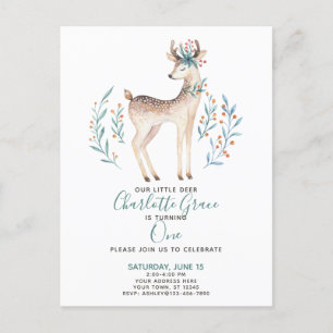 Woodland Forest Deer Baby's First 1st Birthday Invitation Postcard