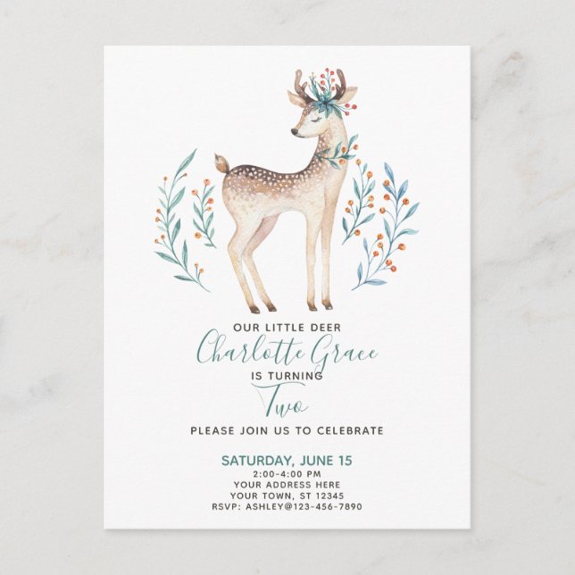 Woodland Forest Deer Baby's Second 2nd Birthday Invitation Postcard (Front)
