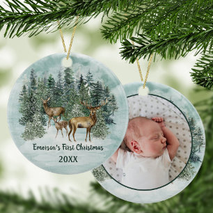 Woodland Forest Deer First Christmas Photo Ceramic Tree Decoration