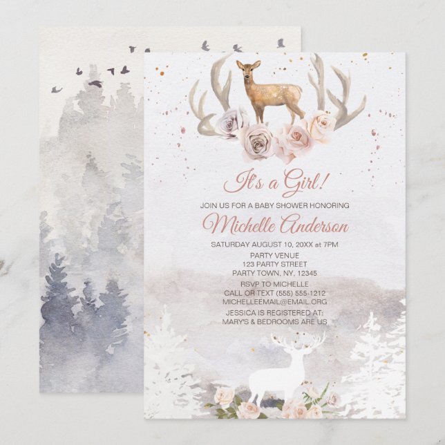 Woodland Forest Deer Floral Girl Baby Shower Invitation (Front/Back)