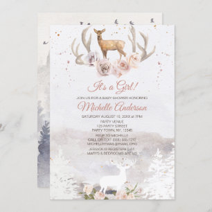 Woodland Forest Deer Floral Girl Baby Shower Invitation