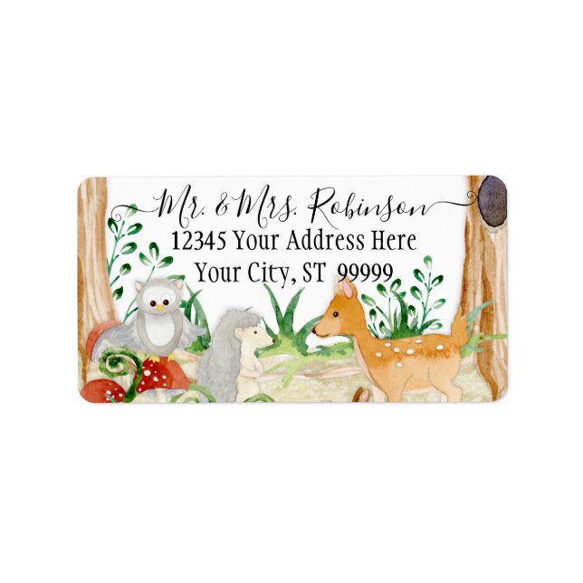 Woodland Forest Deer Fox Owl Animal Foliage White Label (Front)